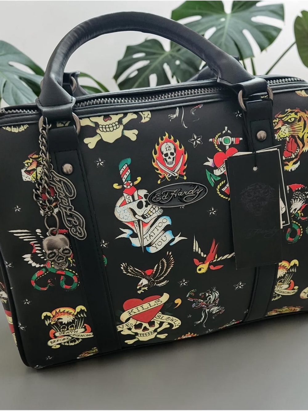 Ed Hardy BLACK AOP TATTOO Graphics JOSIE SATCHEL CROSSBODY HAND BAG Y2K